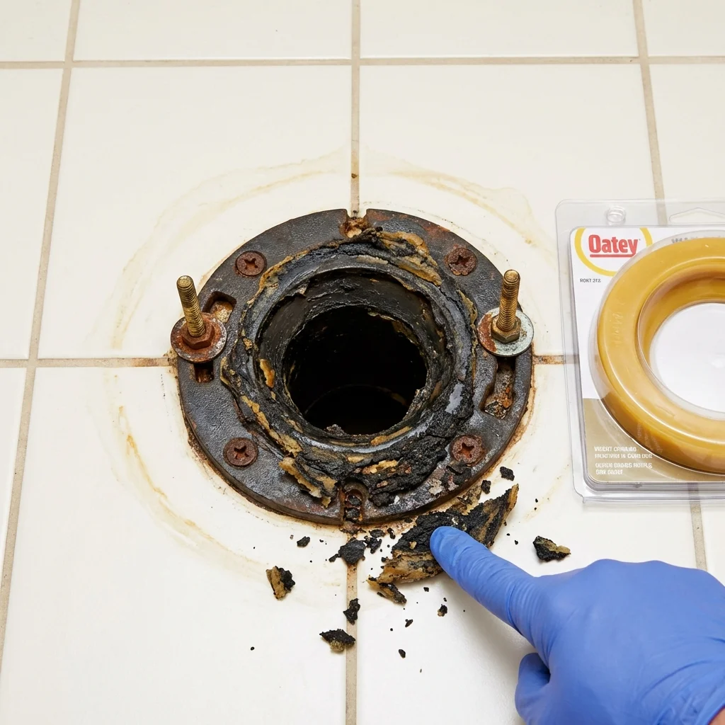 Failed wax ring showing water seepage at the base of a toilet in a Decatur, MS home