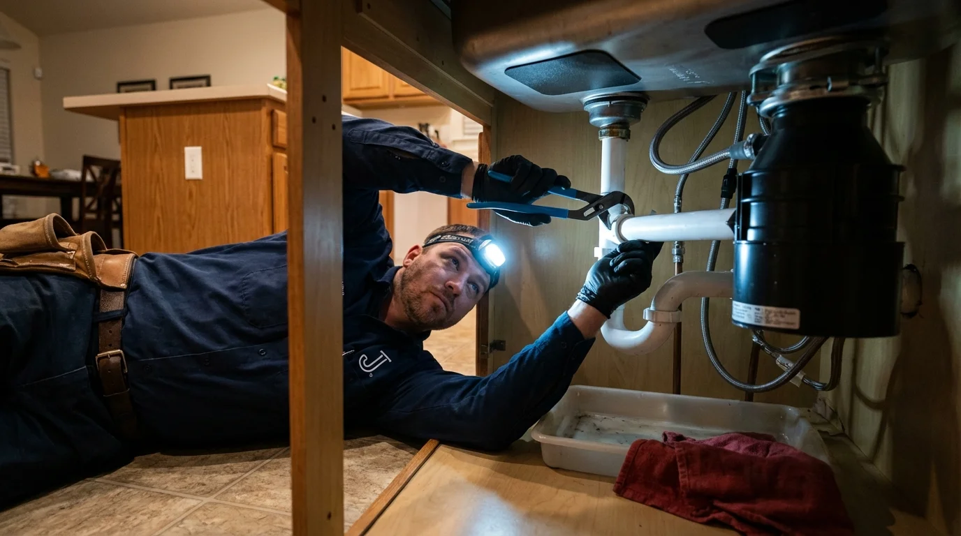 P-trap and supply line connections under a kitchen sink showing a common leak point in Decatur, MS